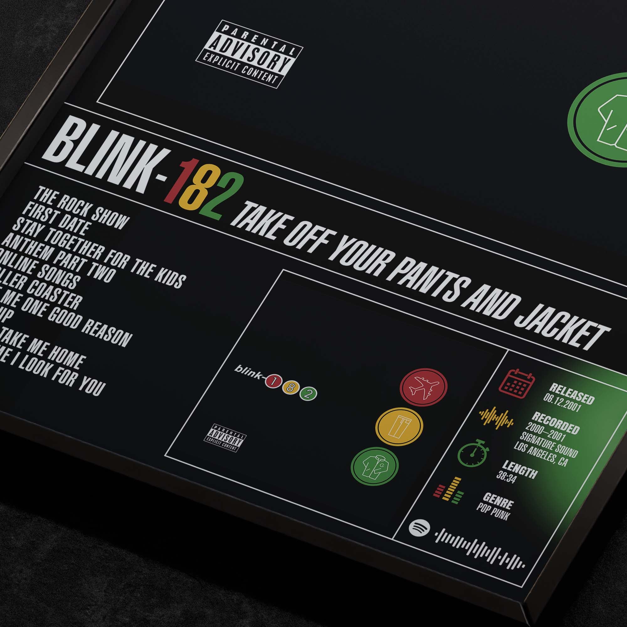 Blink-182 Take Off Your Pants and Jacket Close Up Detail View of Album Tracklist Typography Poster