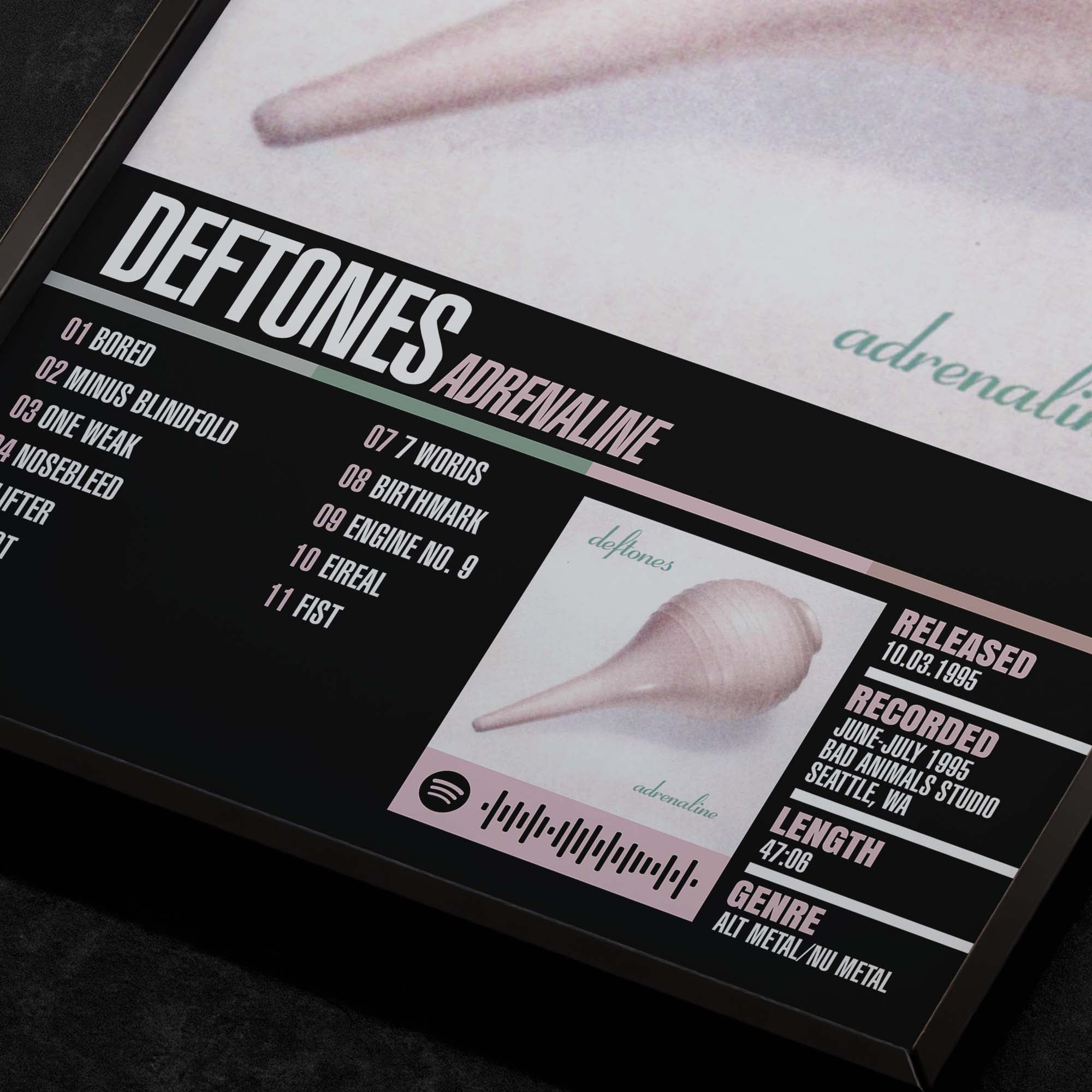 deftones adrenaline Close up detail of poster typography and track list 