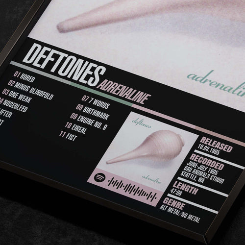 deftones adrenaline Close up detail of poster typography and track list 