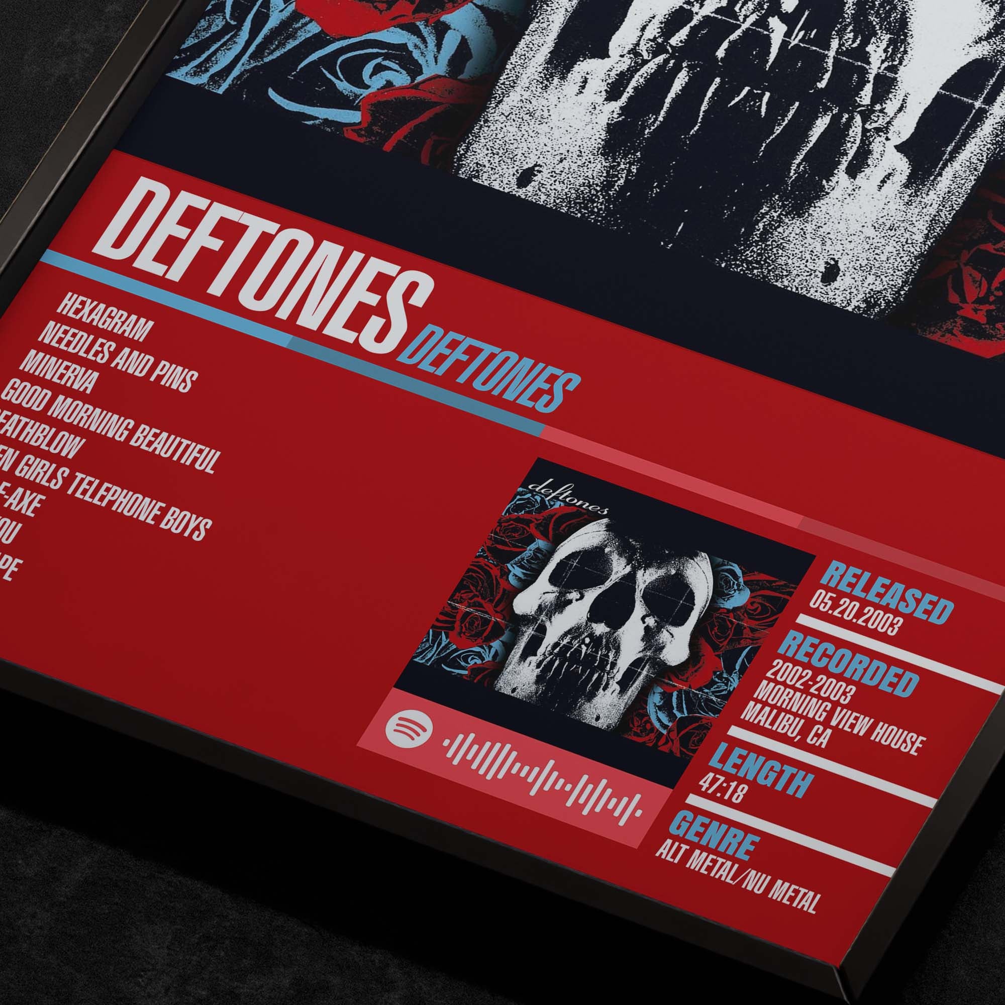 Deftones Self-Titled Close up detail of poster typography and track list 