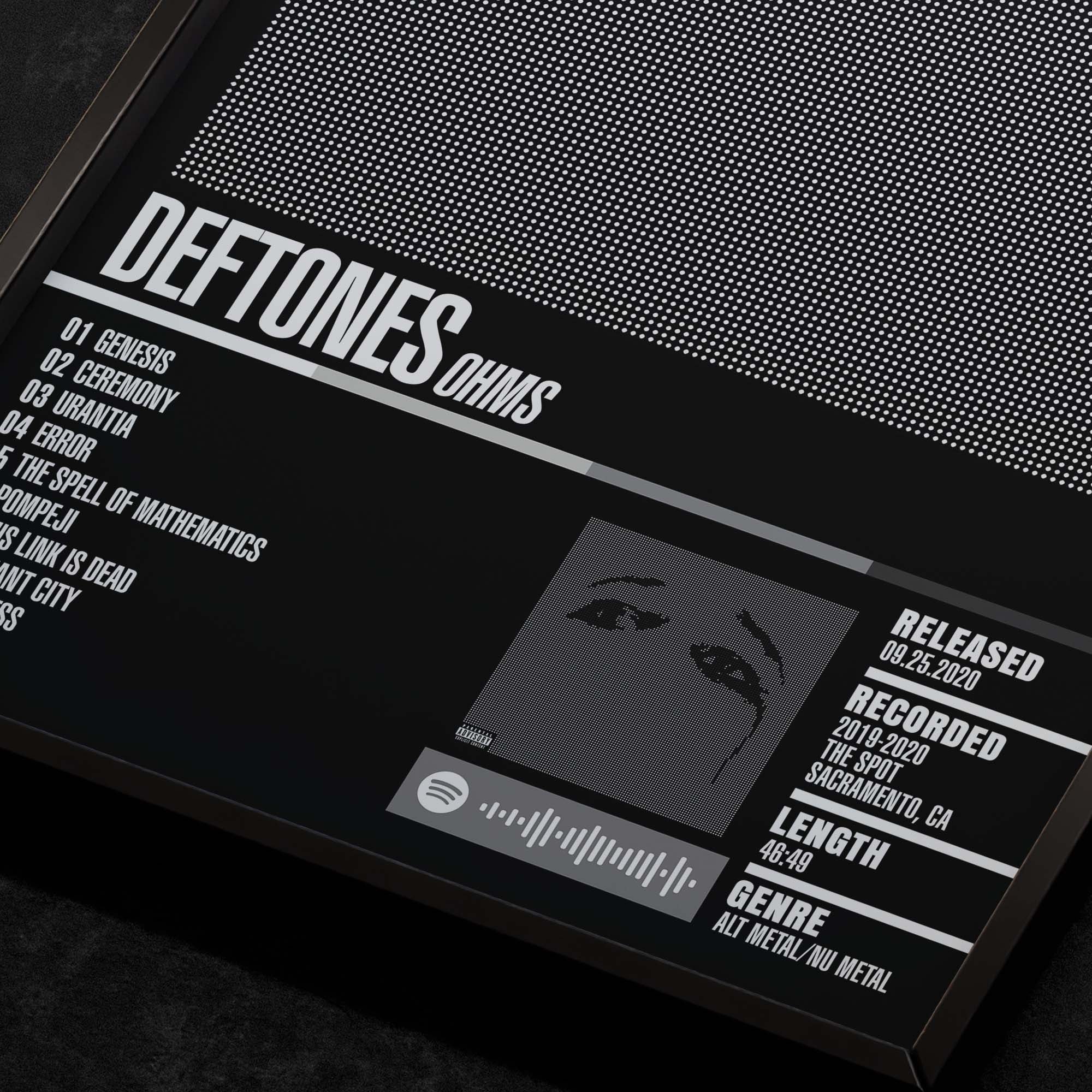 Deftones Ohms Close up detail of poster typography and track list 