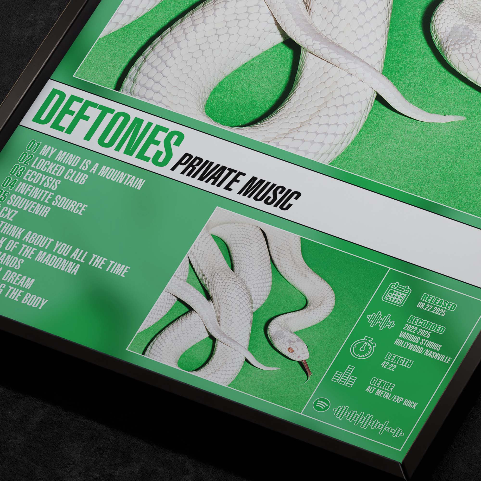 Deftones Private Music Close up detail of poster typography and track list 