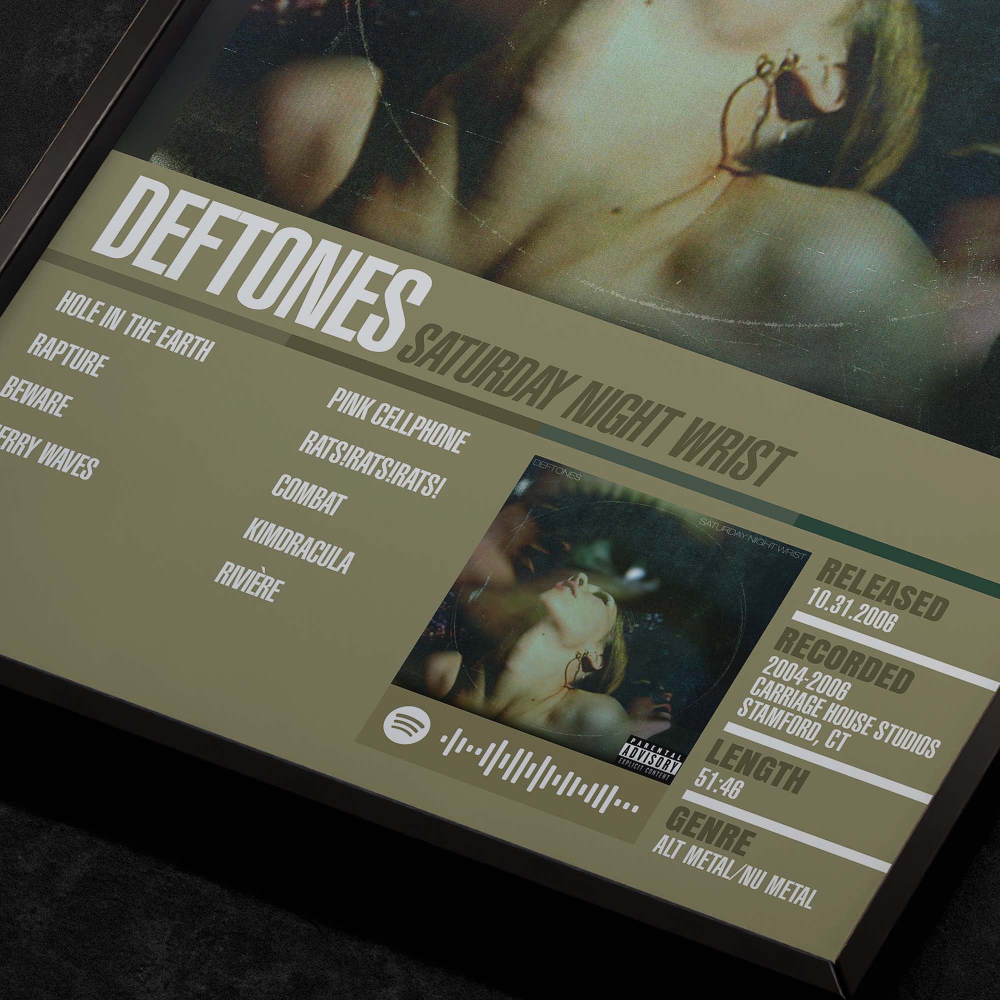 deftones saturday night wrist Close up detail of poster typography and track list 