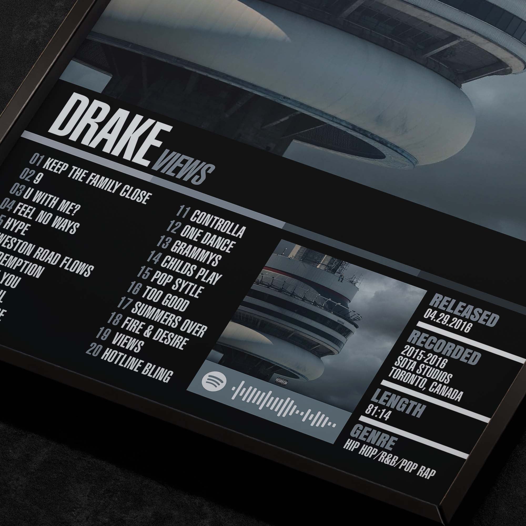 drake views Close up detail of poster typography and track list 