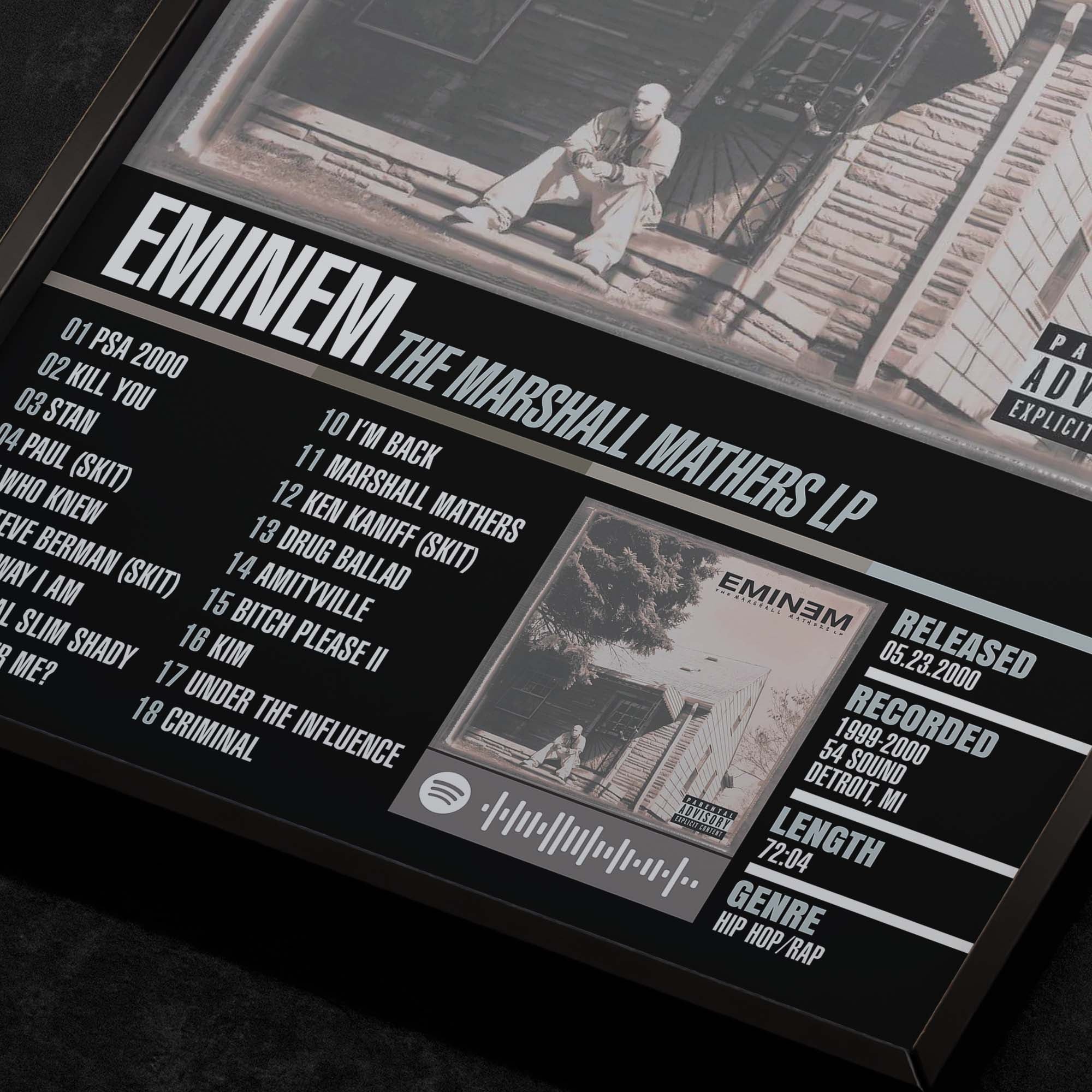 Eminem The Marshall Mathers LP Close up detail of poster typography and track list 