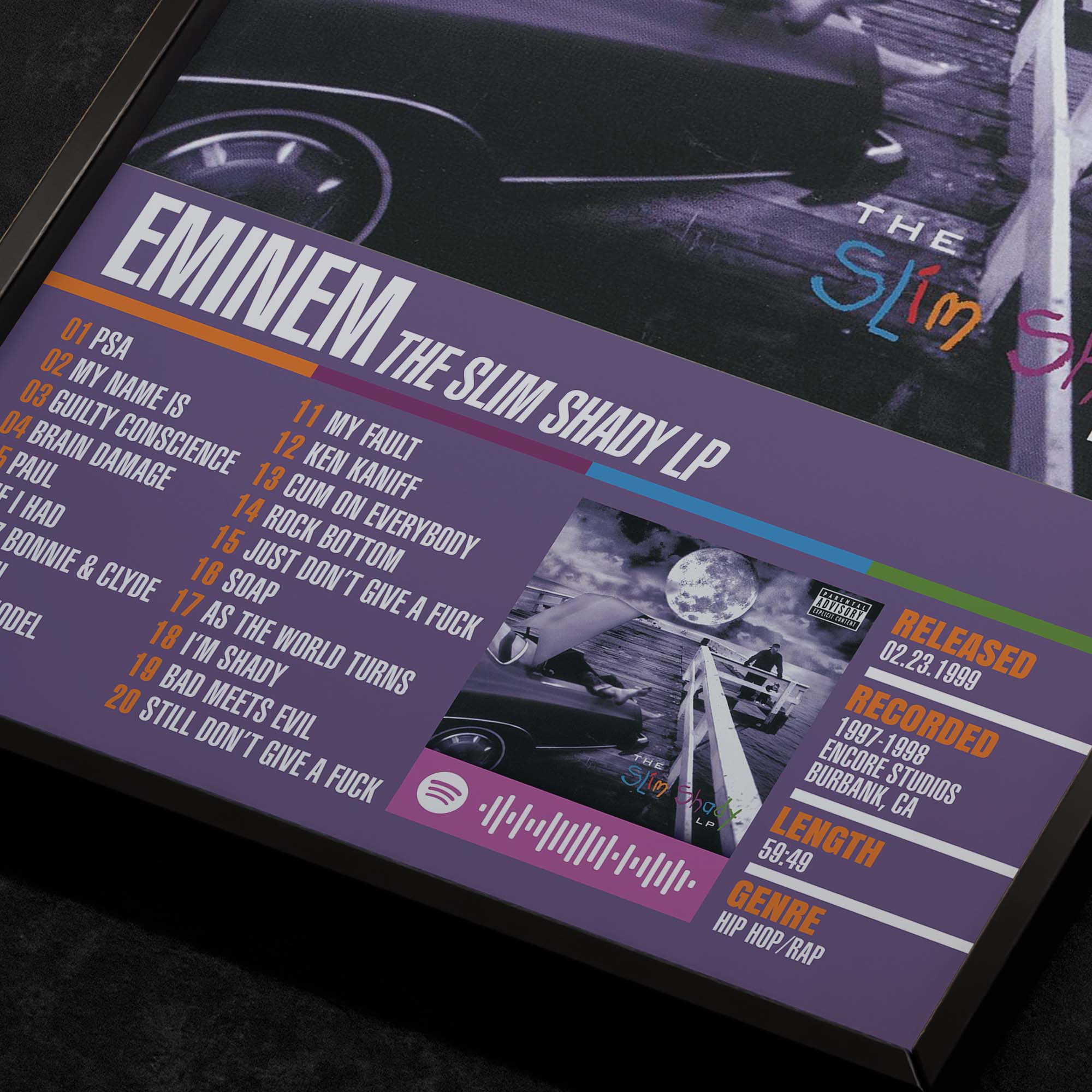 Eminem The Slim Shady LP Close up detail of poster typography and track list 