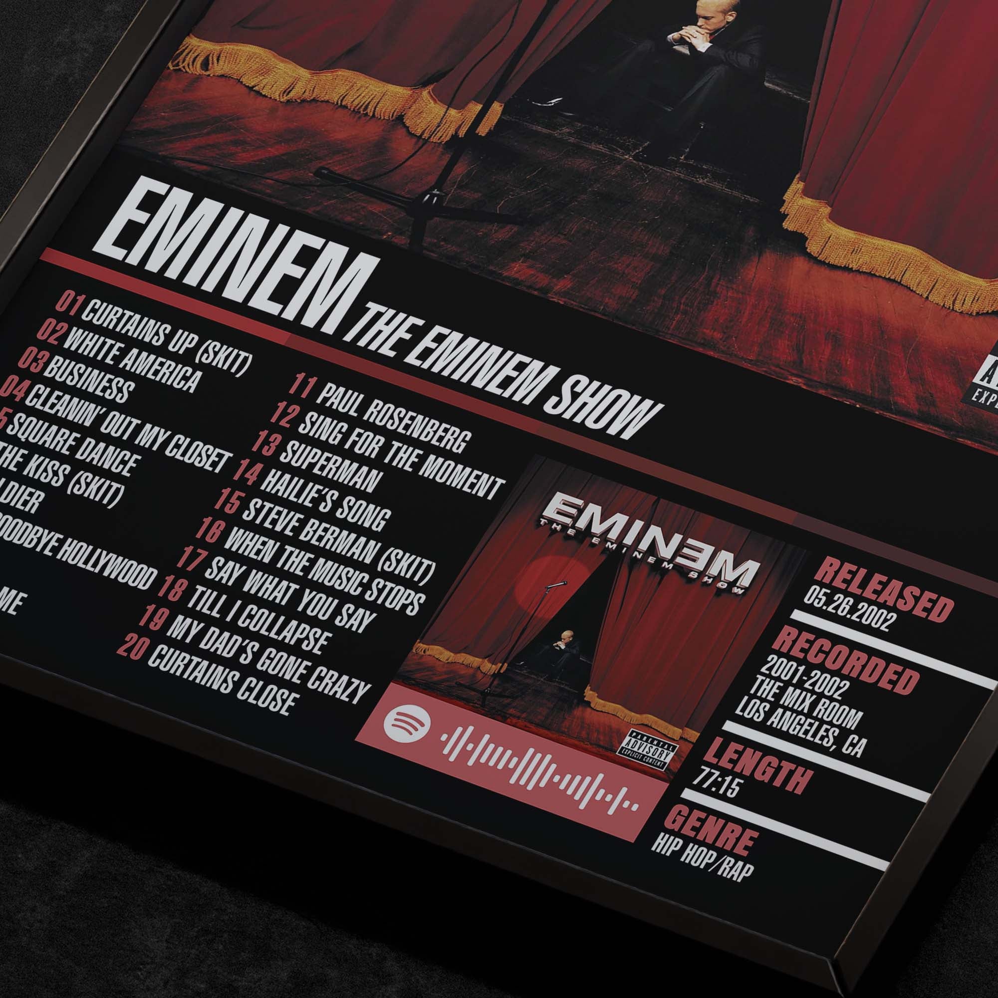 Eminem The Eminem Show Close up detail of poster typography and track list 