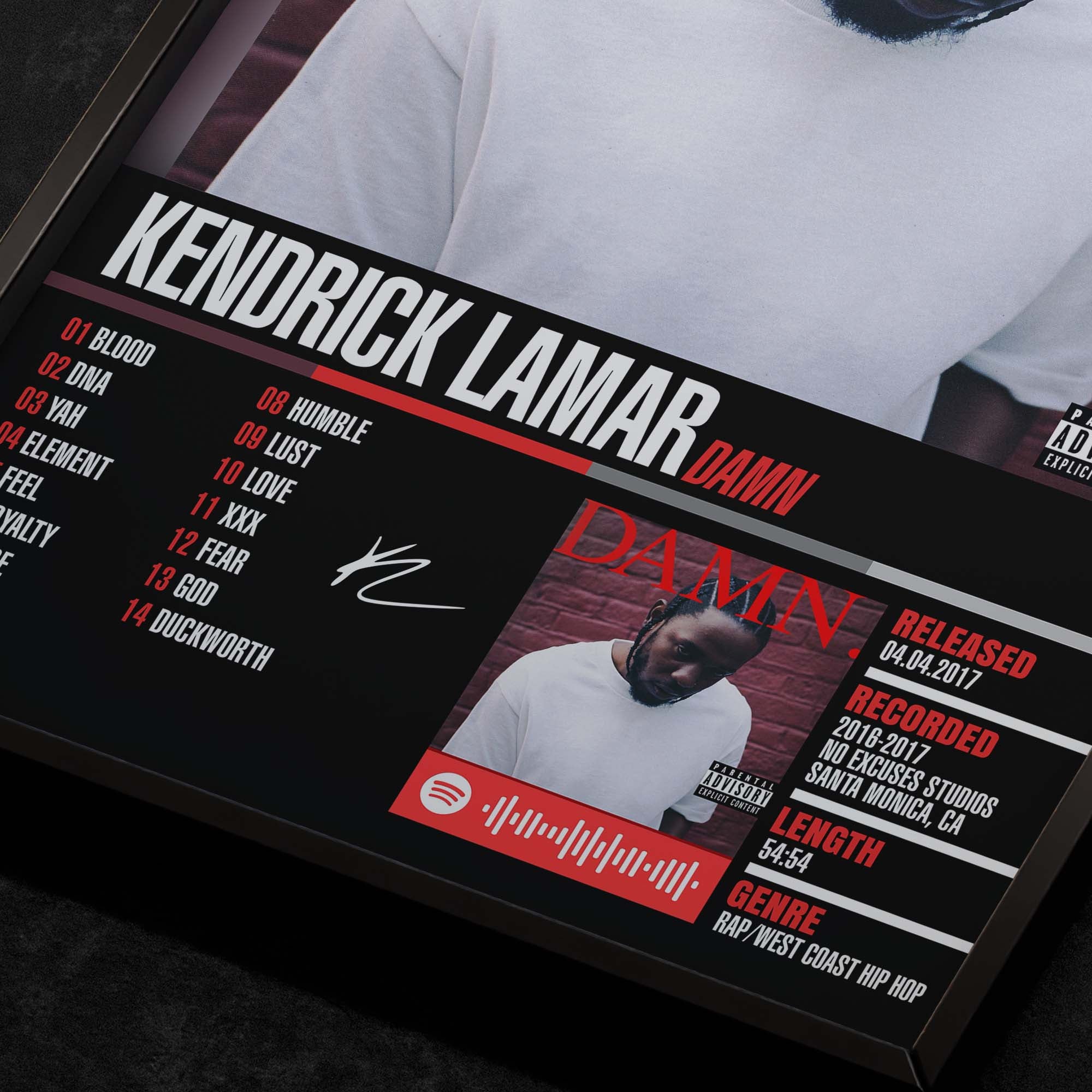 kendrick lamar damn Close up detail of poster typography and track list 
