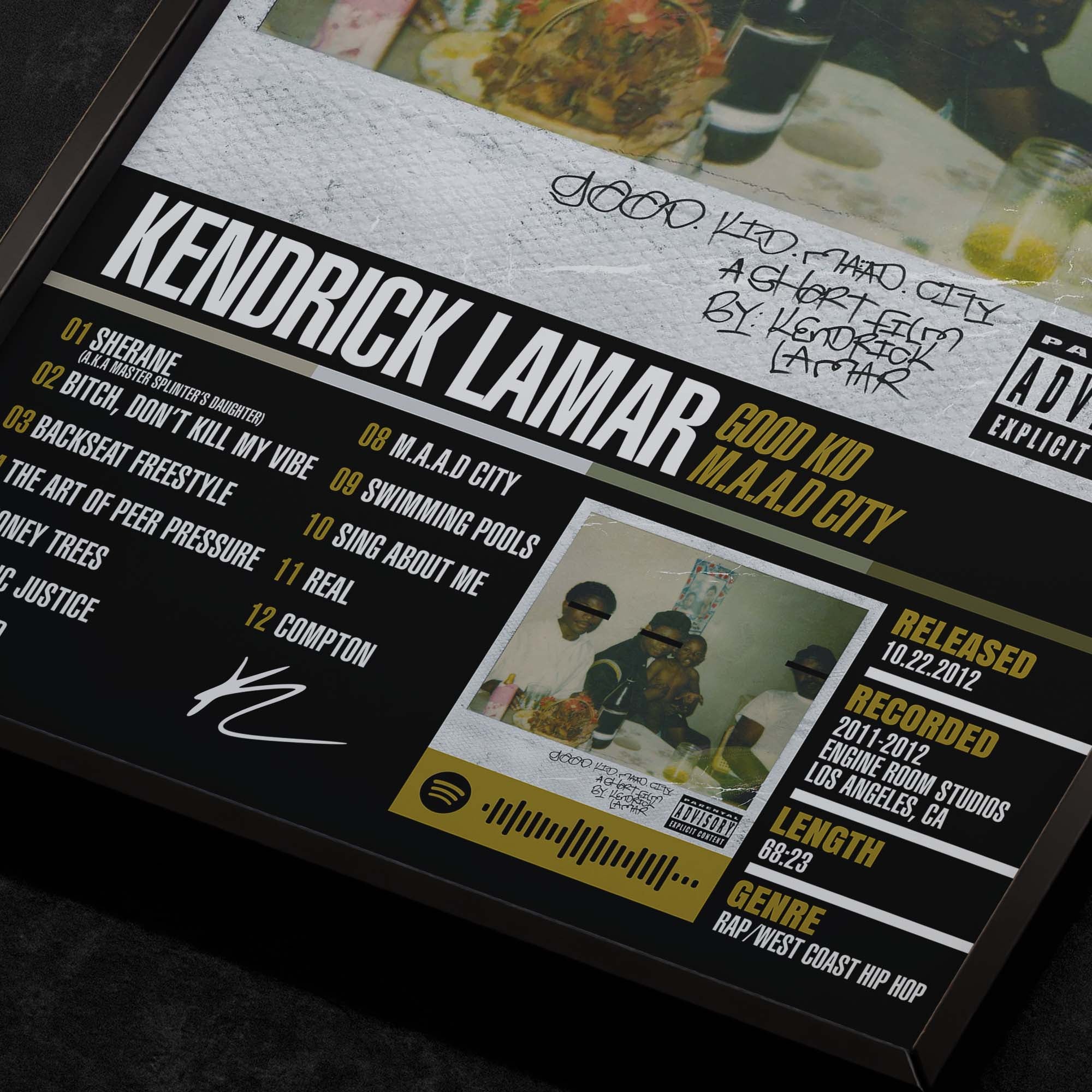 Kendrick Lamar Good Kid Maad City Close up detail of poster typography and track list 