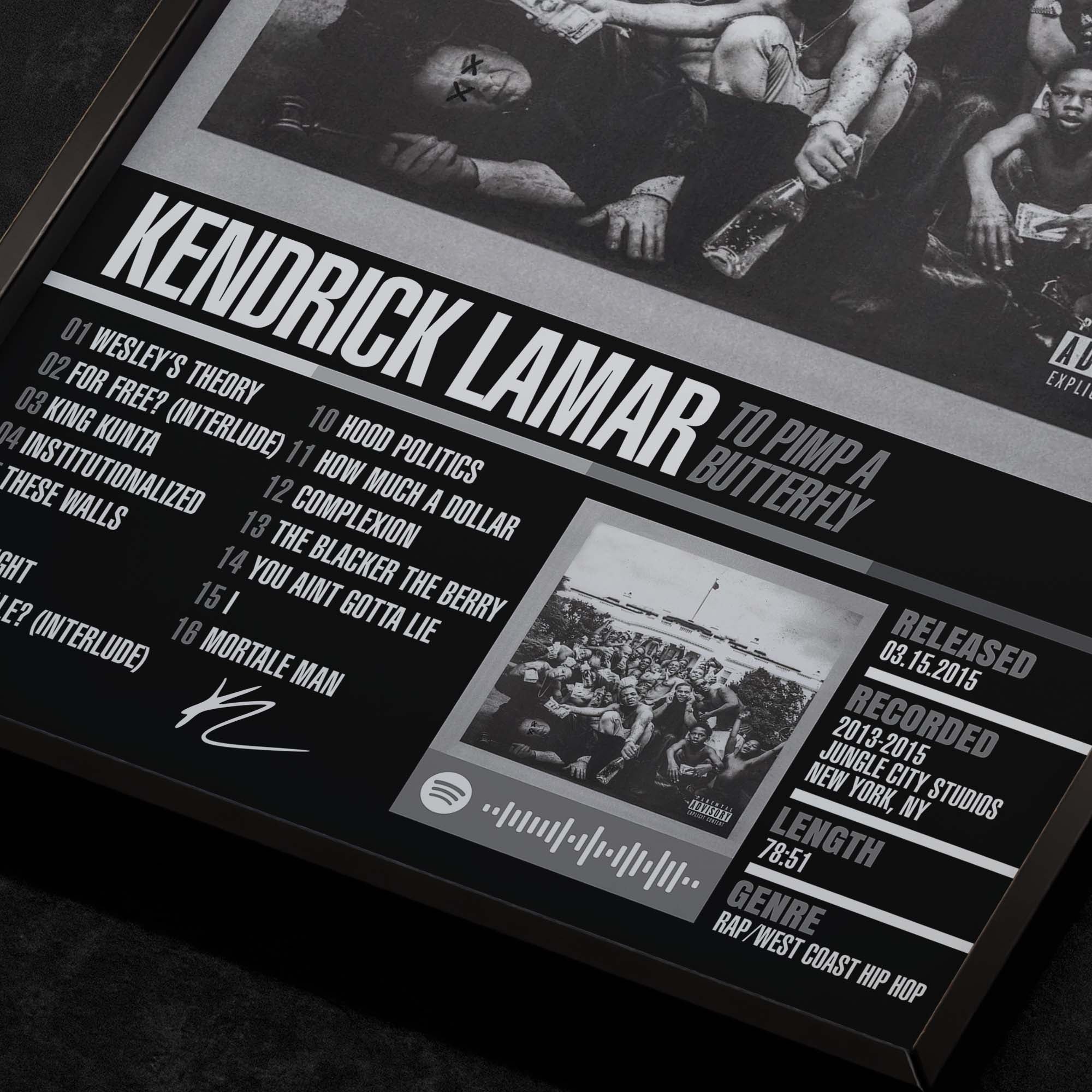 kendrick lamar to pimp a butterfly Close up detail of poster typography and track list 