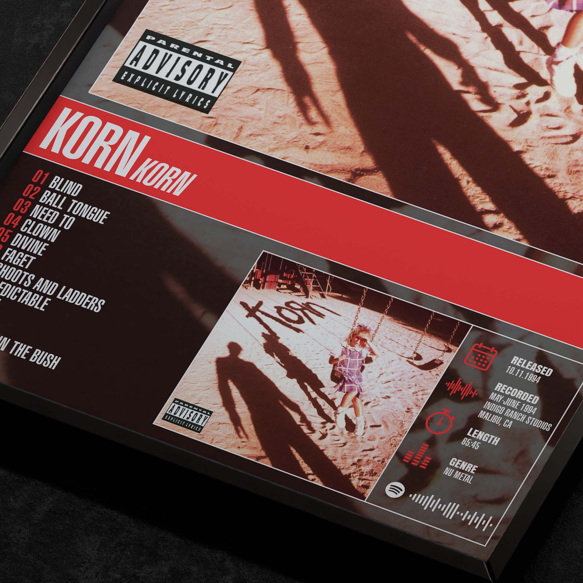 Korn Self-Titled Close Up Detail View of Album Tracklist Typography Poster