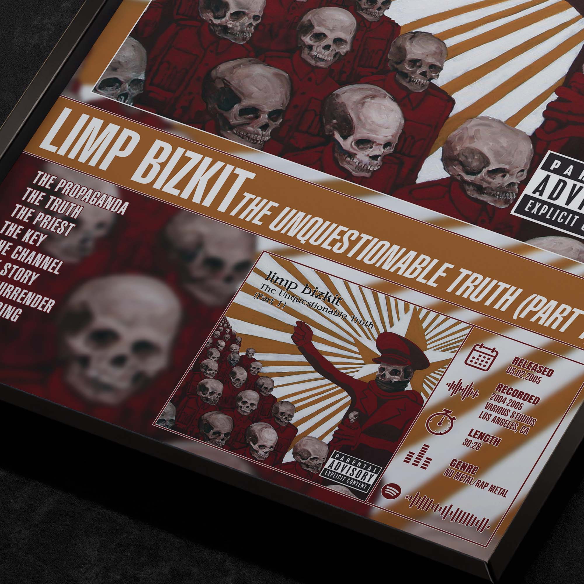 Limp Bizkit The Unquestionable Truth Part 1 Close up detail of poster typography and track list 