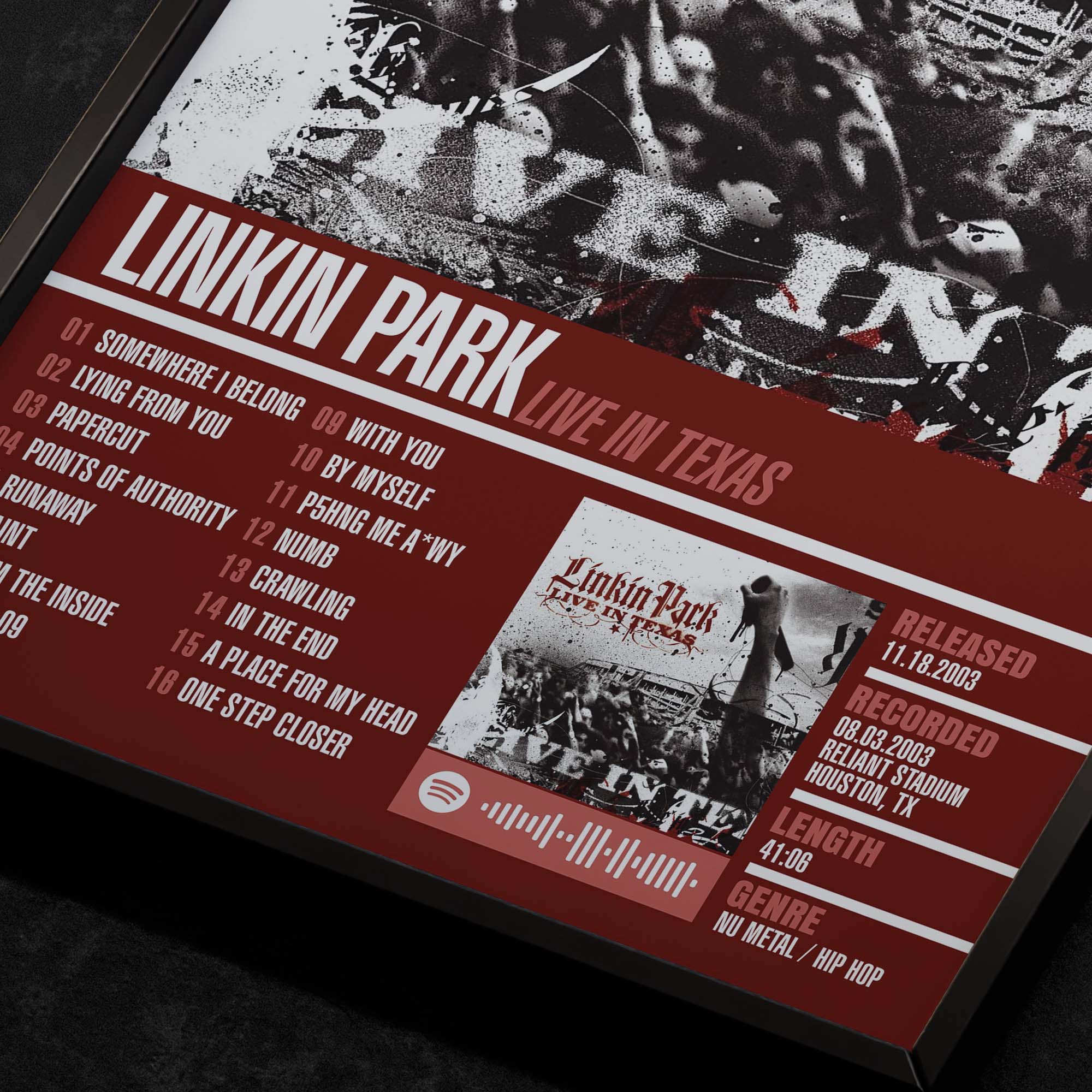 Linkin Park Live in Texas Close up detail of poster typography and track list 