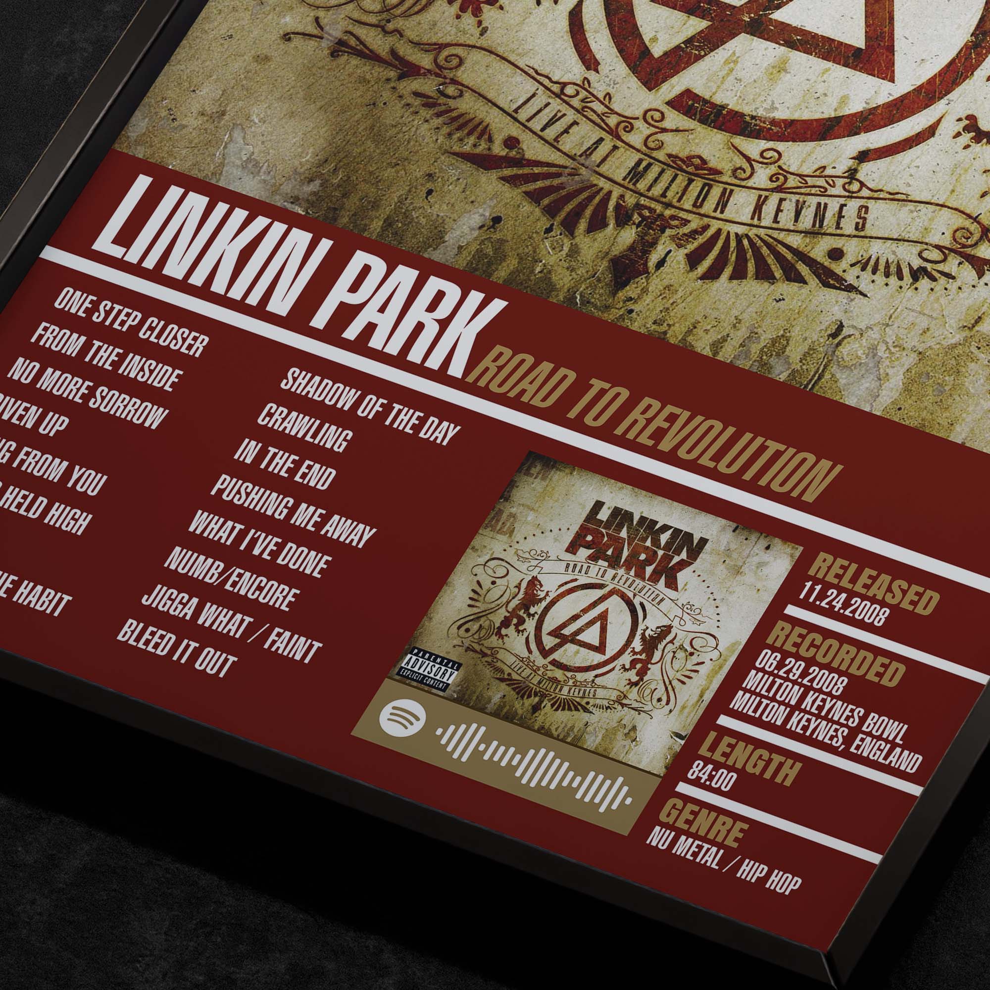 linkin park road to revolution Close up detail of poster typography and track list 