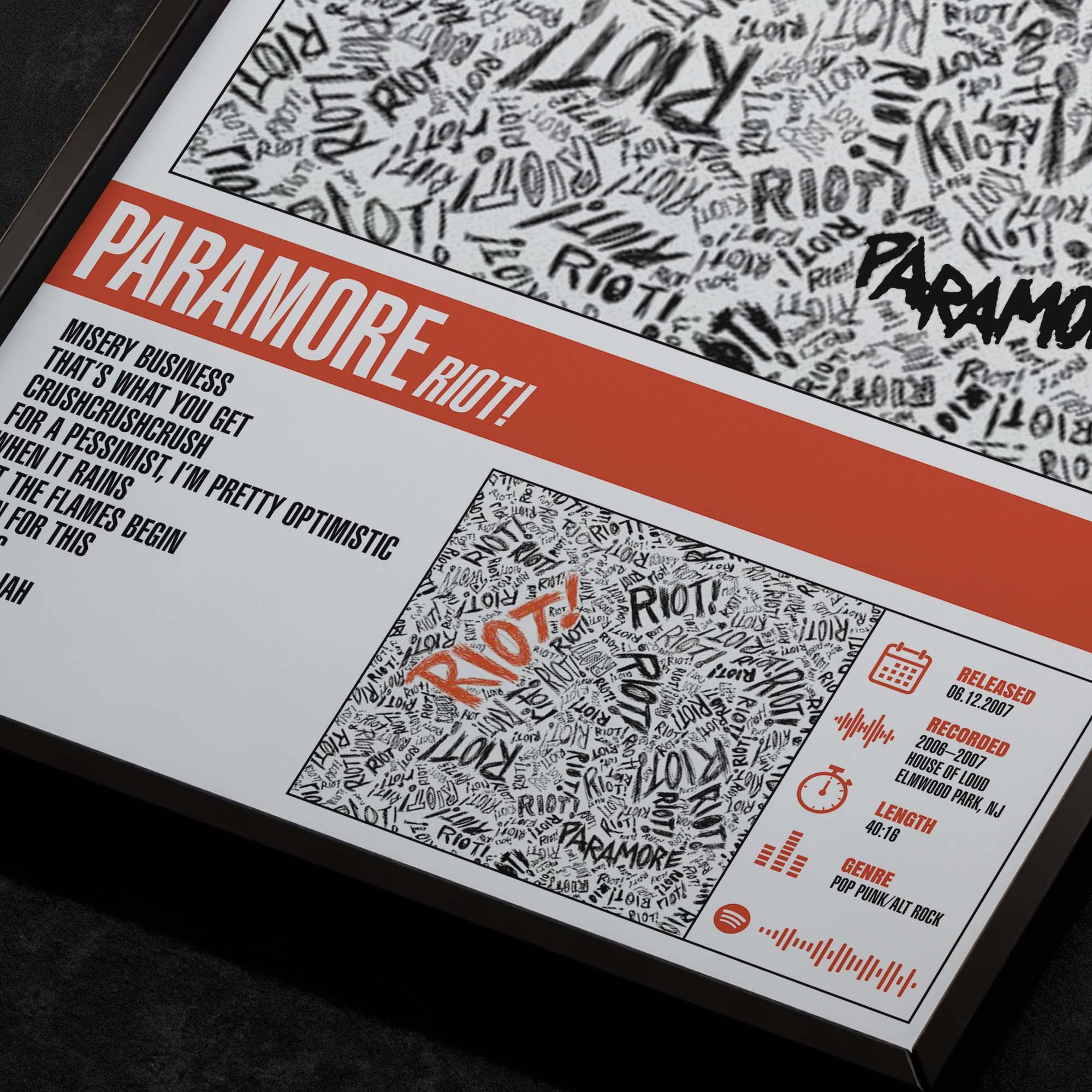 Paramore - Riot! Close Up Detail View of Album Tracklist Typography Poster