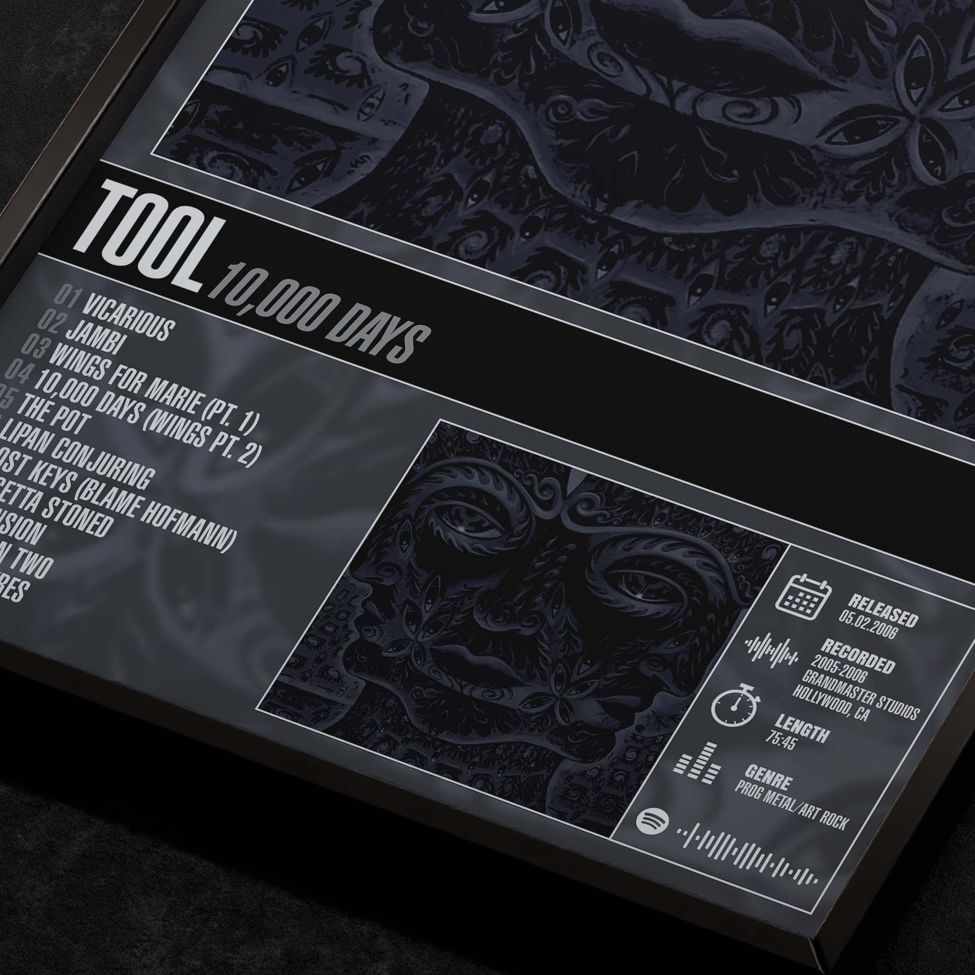 Tool 10000 Days Close up detail of poster typography and track list 