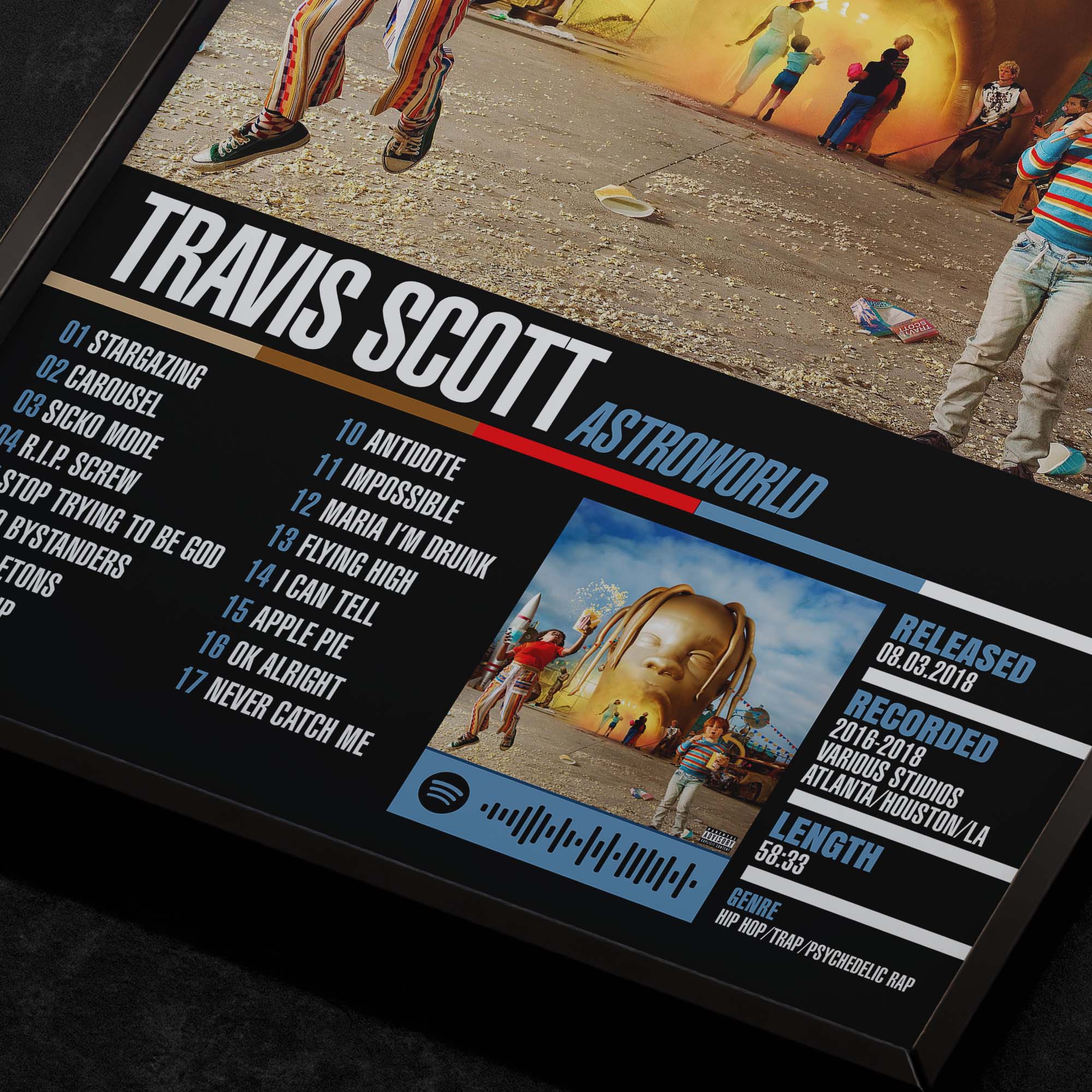 Close Up Detail View of Travis Scott - Astroworld Album Tracklist Typography Poster⁠