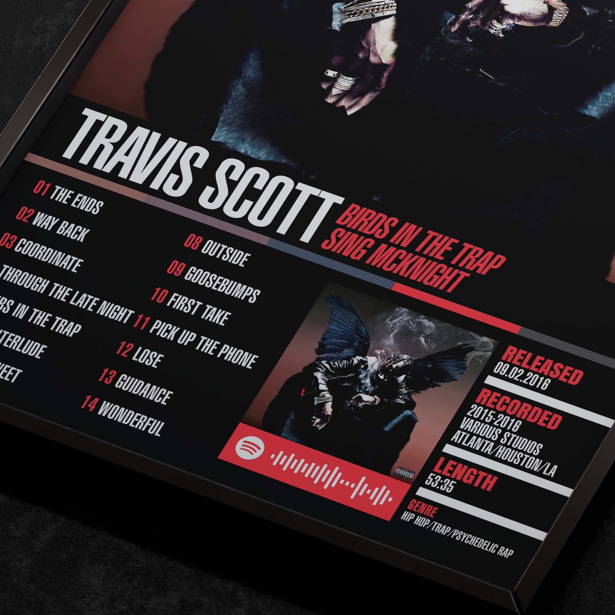 Travis Scott Birds in the Trap Close up detail of poster typography and track list 