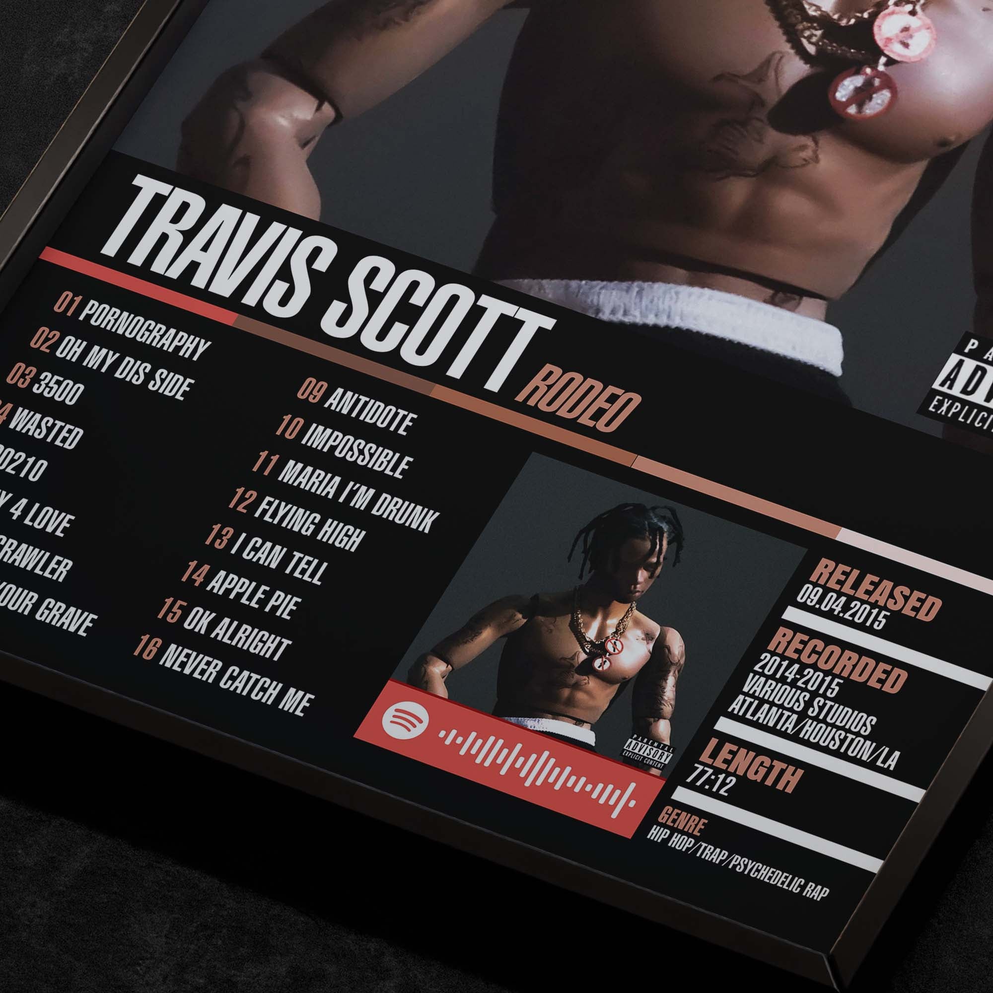 Travis Scott Rodeo Close up detail of poster typography and track list 