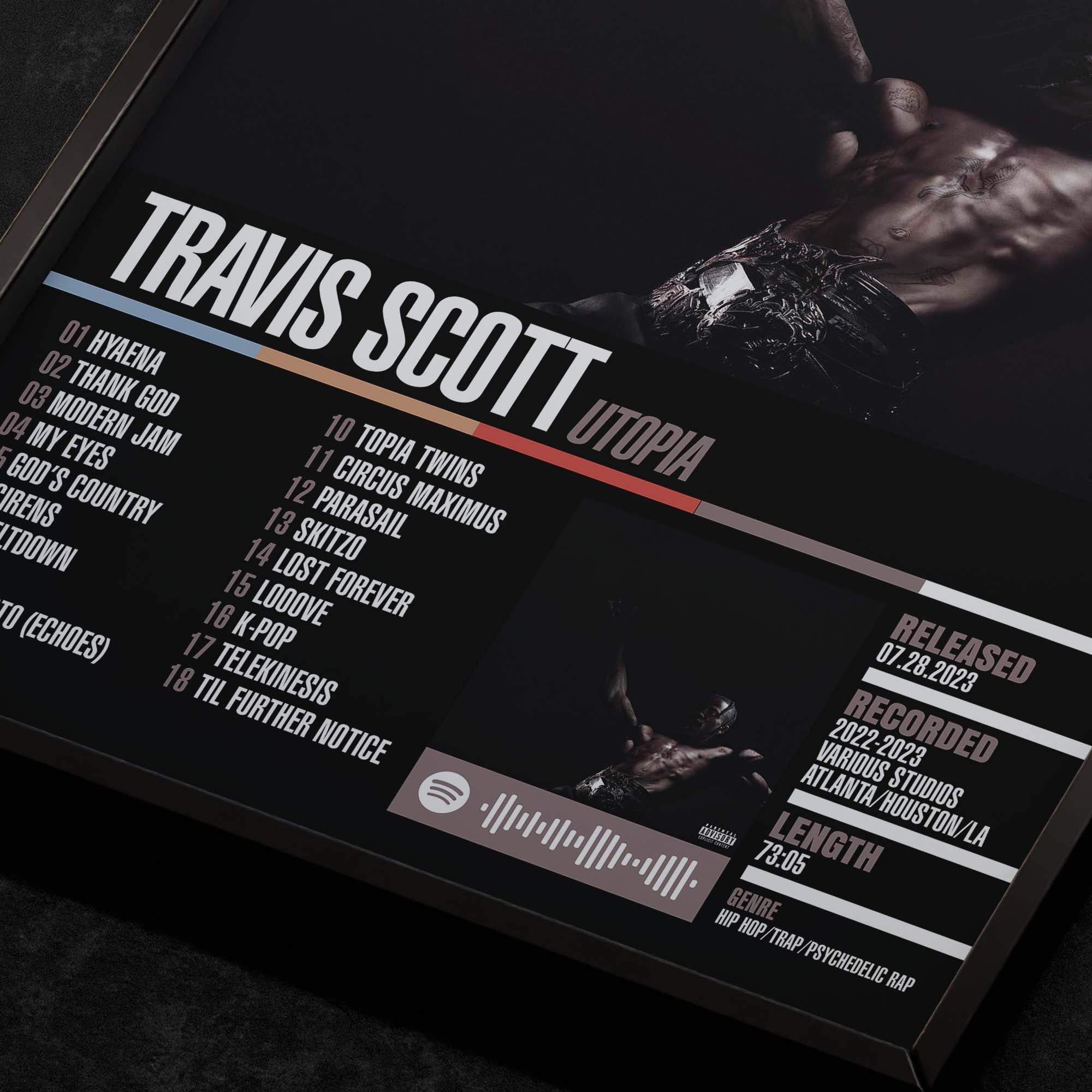 Travis Scott Utopia Close up detail of poster typography and track list 
