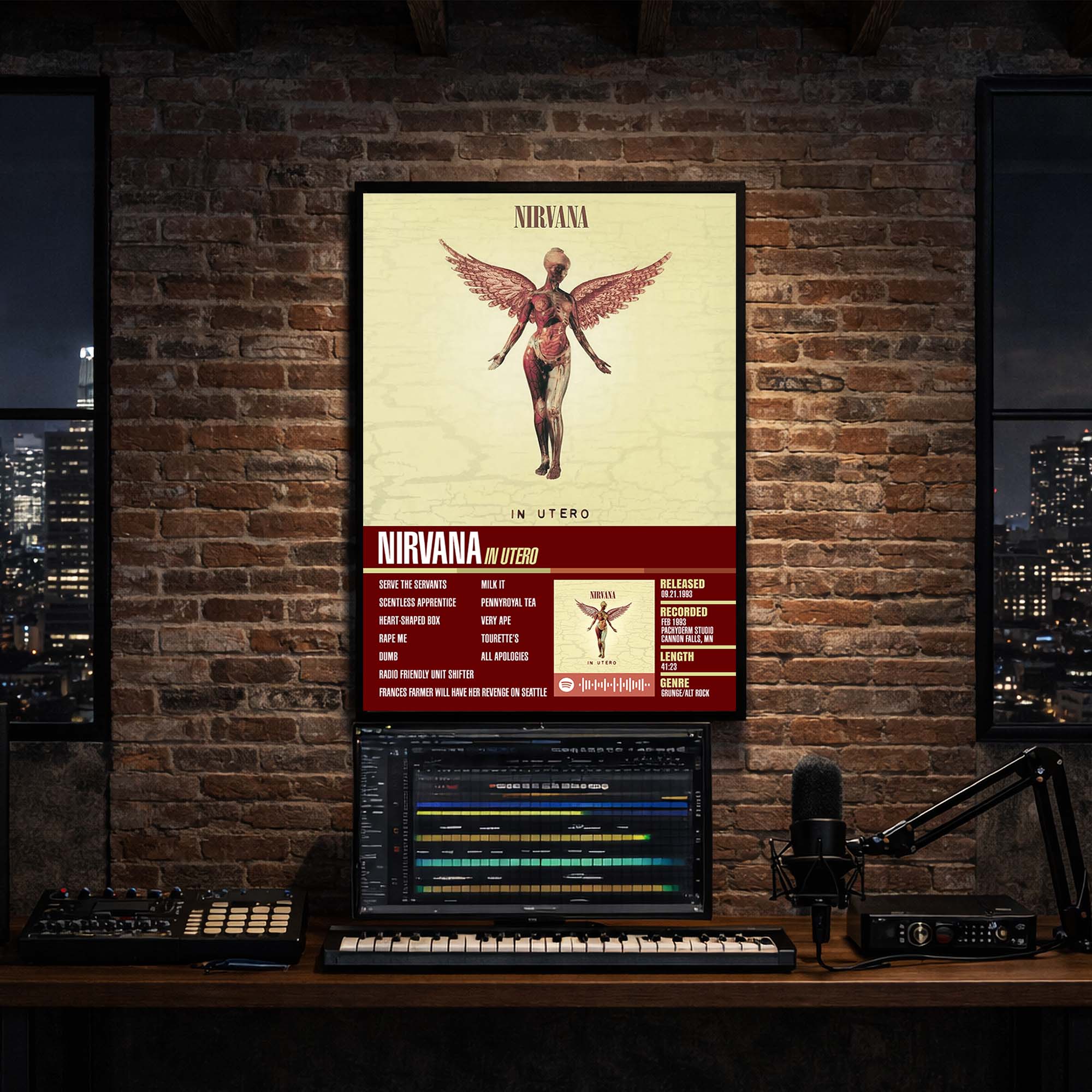 nirvana in utero Album tracklist poster recording studio print mockup 