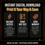Digital download file guide showing instant access, high resolution print sizes, and printable ratio options 