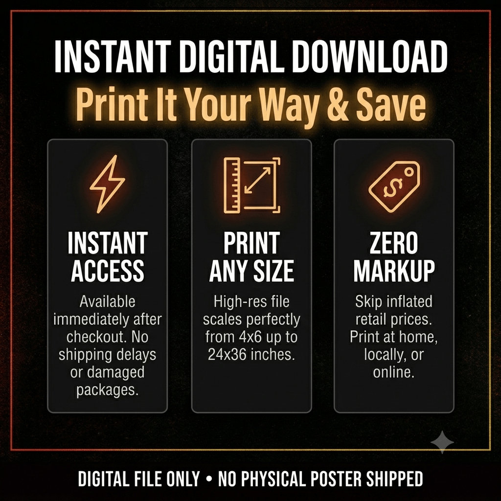 Digital download file guide showing instant access, high resolution print sizes, and printable ratio options 